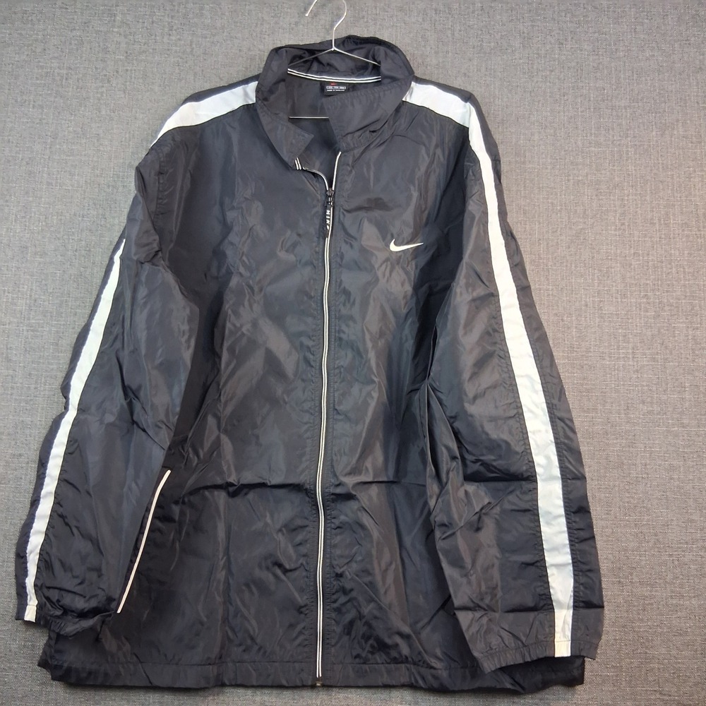Nike Mens XXL Windbreaker Jacket Navy Blue White Stripe‎ Full Zip Swoosh 0812